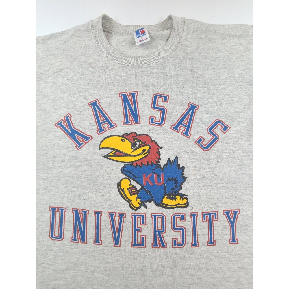 Kansas University Jayhawks T-Shirt Men Large Gray Russell Athletic NCAA Football